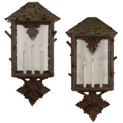 Vintage Pair of Large Outdoor Wall Sconces with Copper Roofs