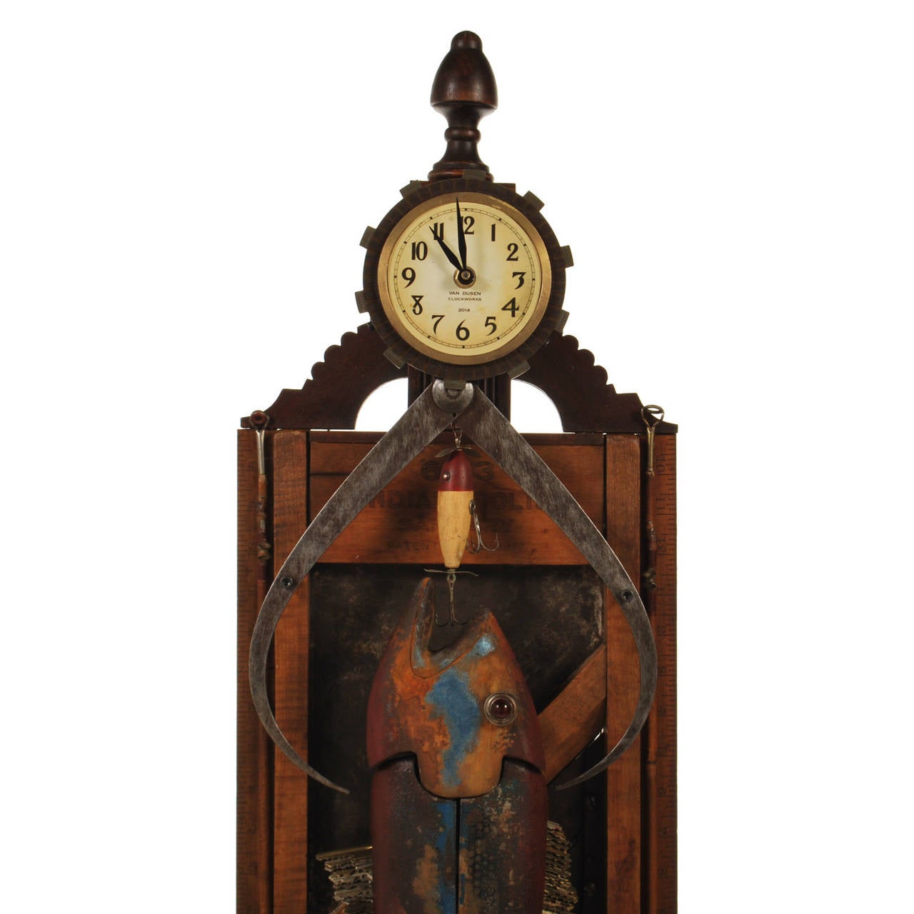Hooked Fish Folk Art Assemblage with Clock 4