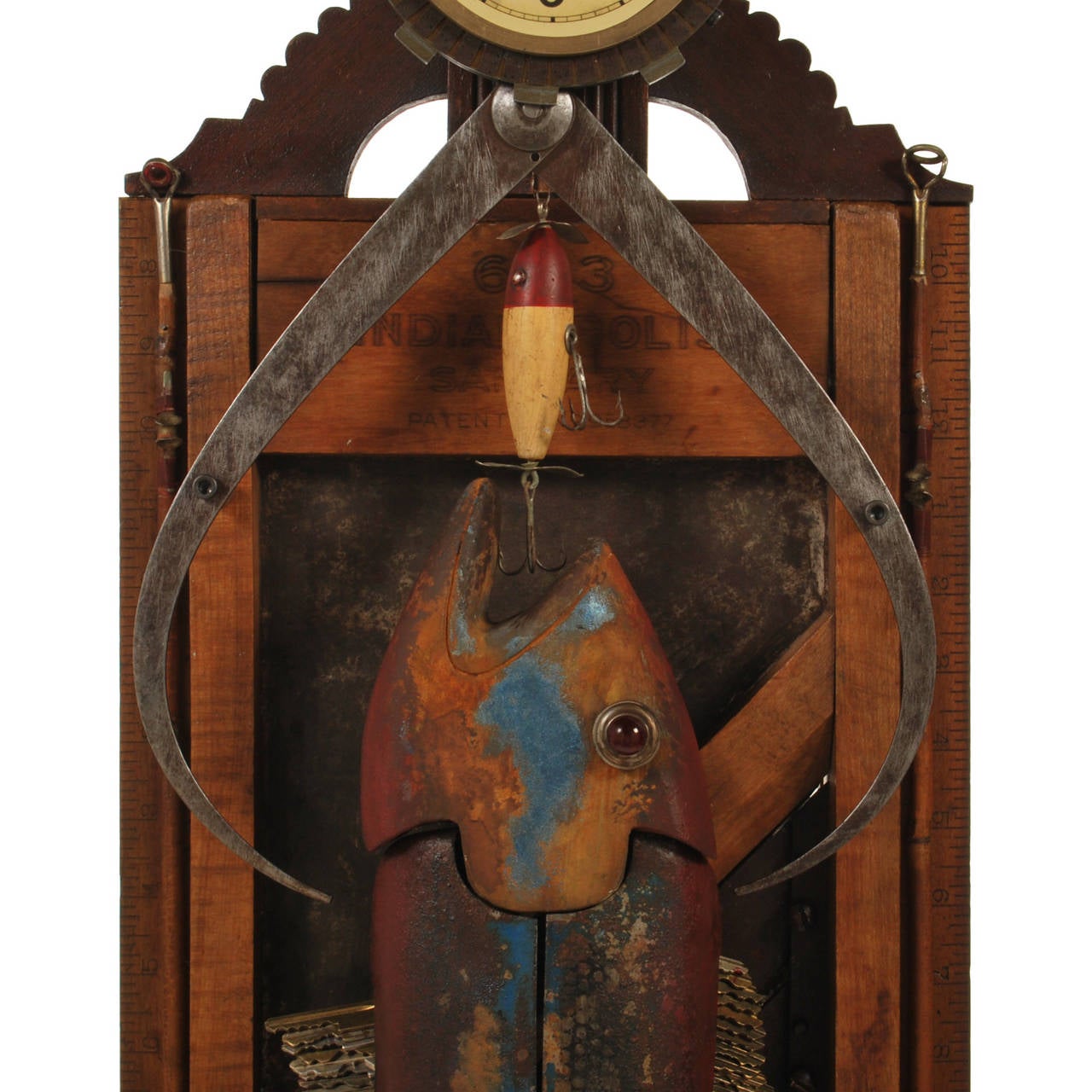 Hooked Fish Folk Art Assemblage with Clock In Excellent Condition In Dallas, TX