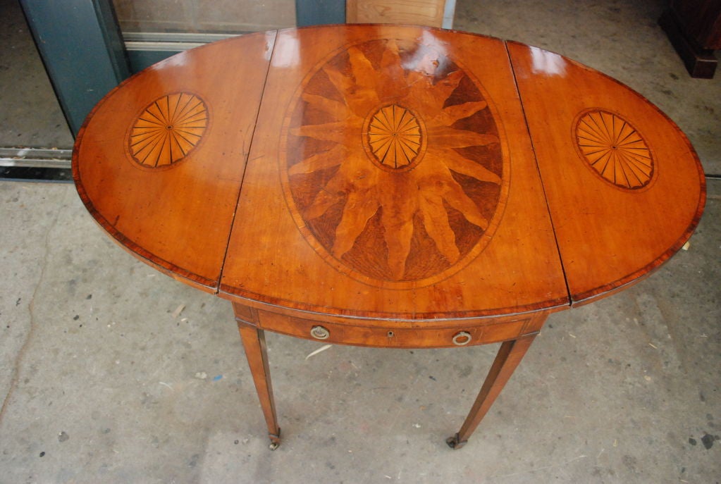 19th c. English  Mahogany George III Pembroke Table w/Inlaid Fan & Sunburst w/Dr 2