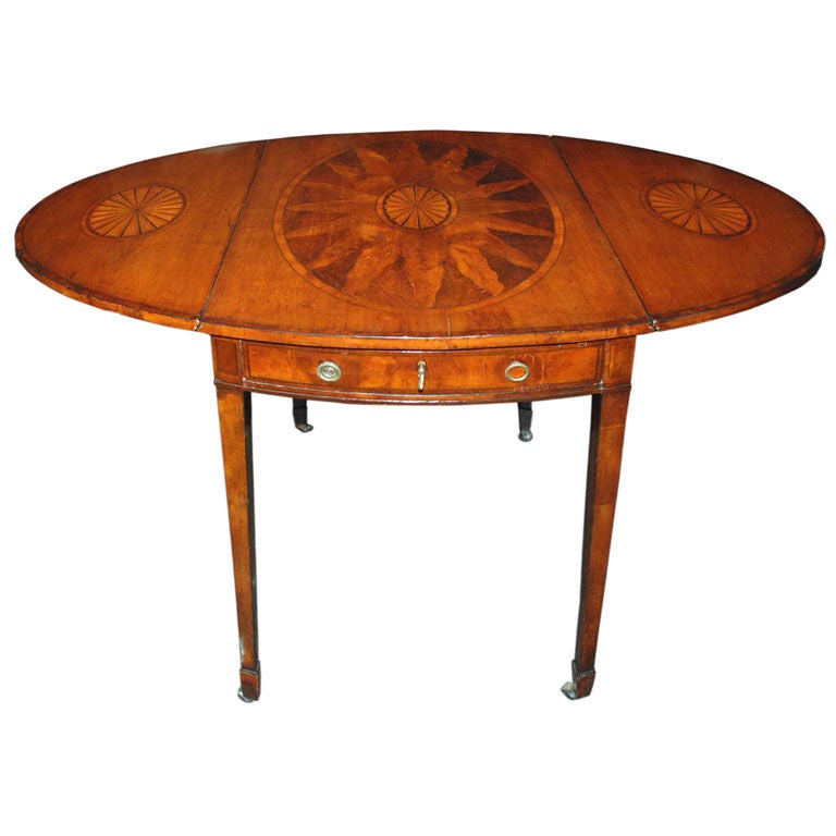19th c. English  Mahogany George III Pembroke Table w/Inlaid Fan & Sunburst w/Dr