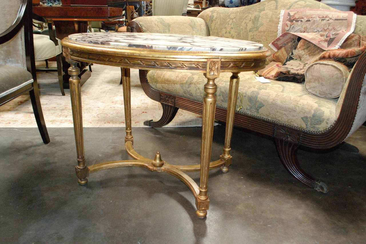 French Table with Oval Marble-Top Gilt Paint