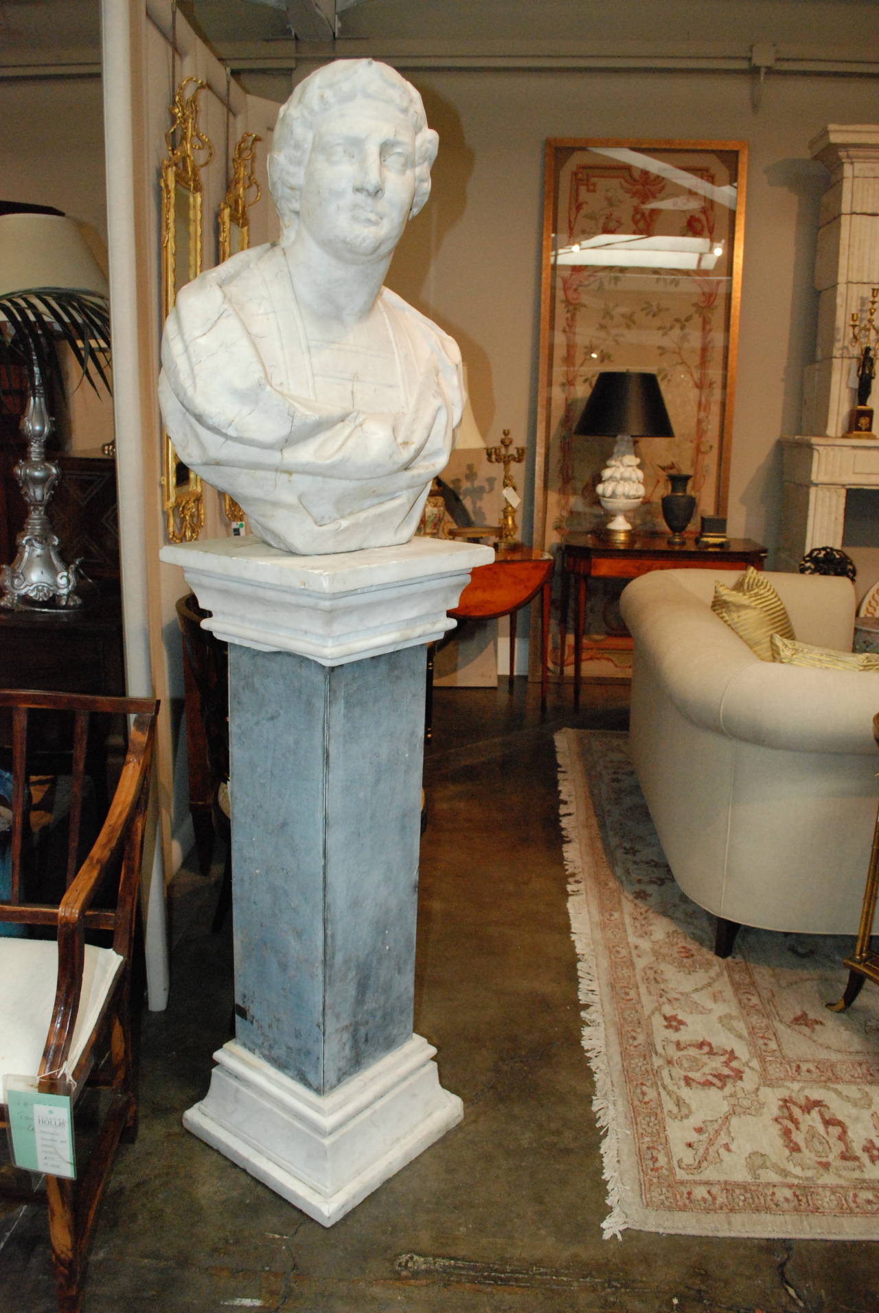 19th Century Italian Antique Marble Bust on Marble Pedestal