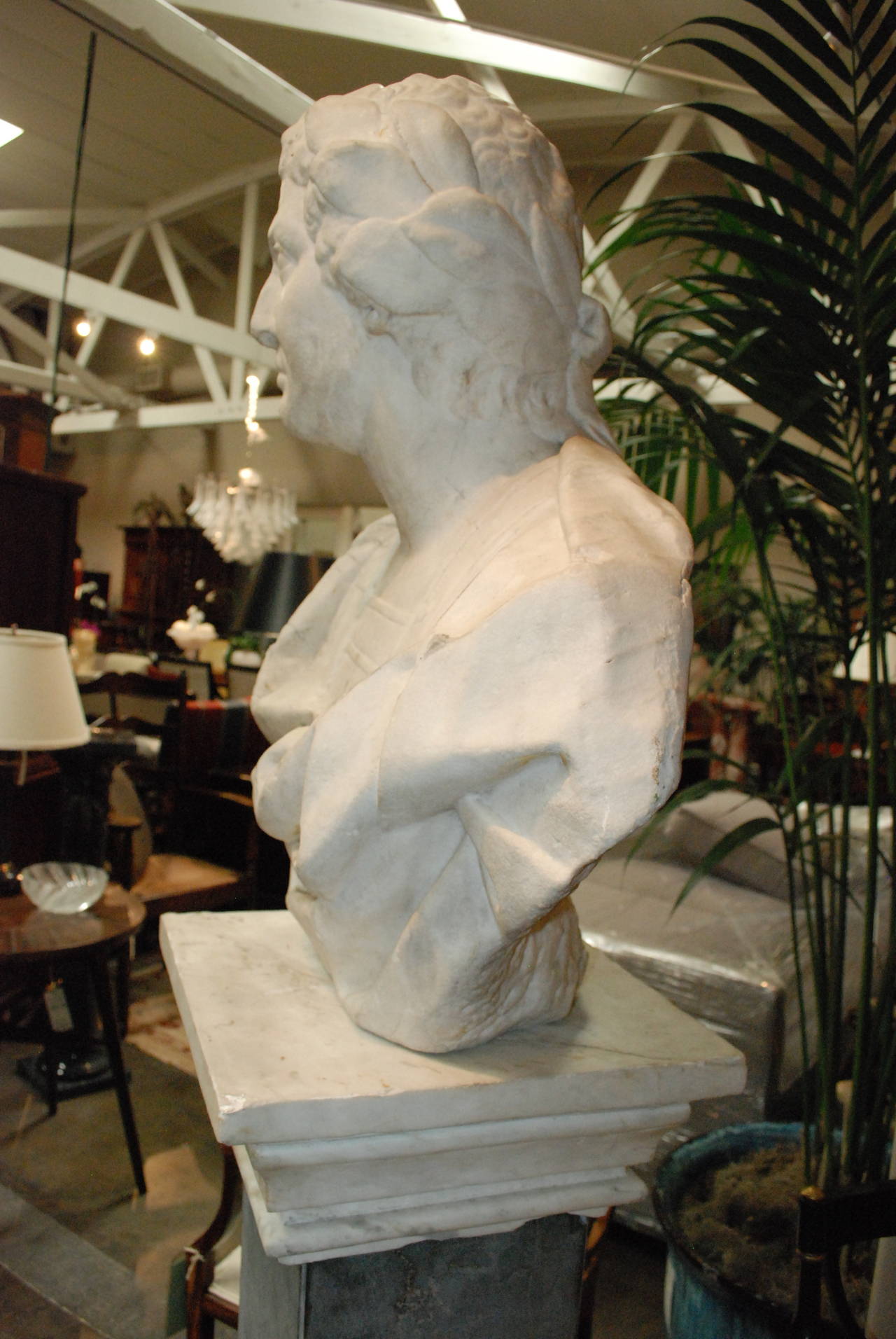 Italian Antique Marble Bust on Marble Pedestal In Good Condition In San Marino, CA