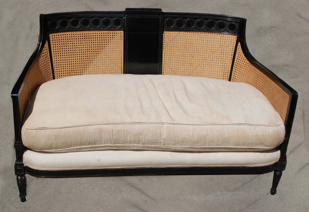 French shaped settee with and ebonized finish, a rattan back and sides above an upholstered seat with a down cushion.