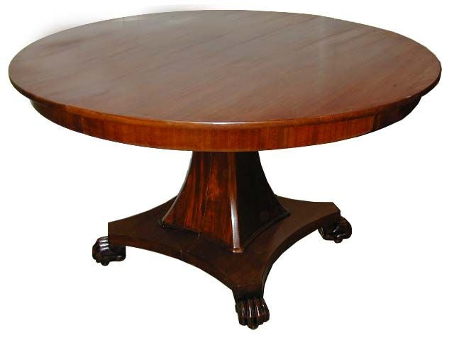 Danish empire pedestal table with a tapered column above a quadripartite bracket base, sitting on paw feet.  Table top and base open to allow for leaf. Original leaf  not included, reproductions available.