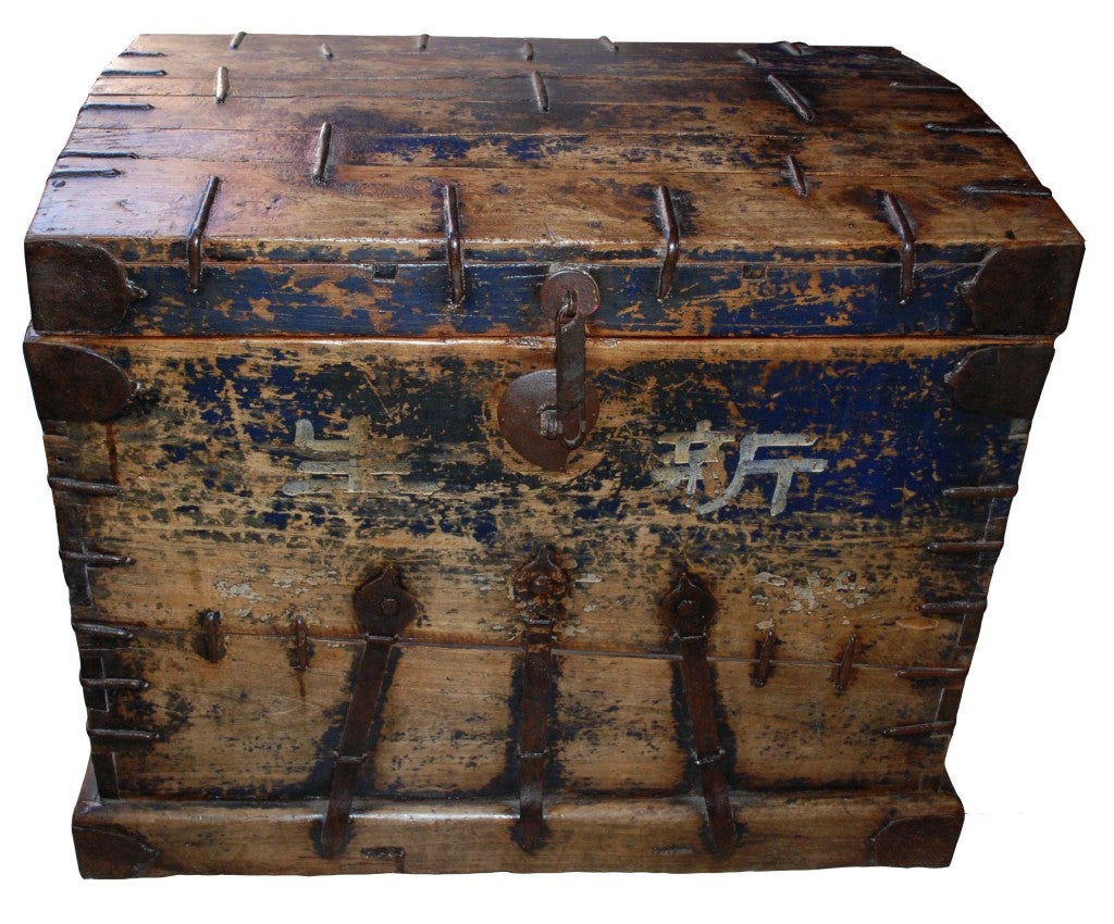 Chinese ancient chest, probably Ming period, with massive iron hardware and calligraphy, a rare find in a painted blue finish.