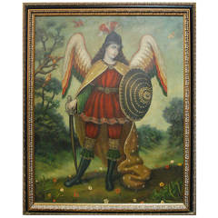 19th C. Archangel Michael Oil on Canvas