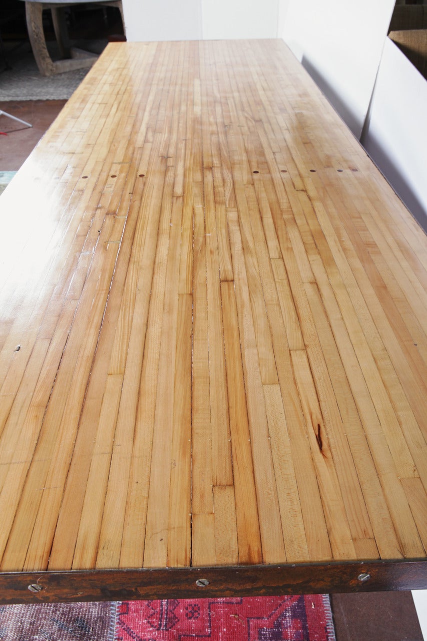 Vintage Bowling Alley Top Dining Table on Scaffolding Pipe Base, C.1940