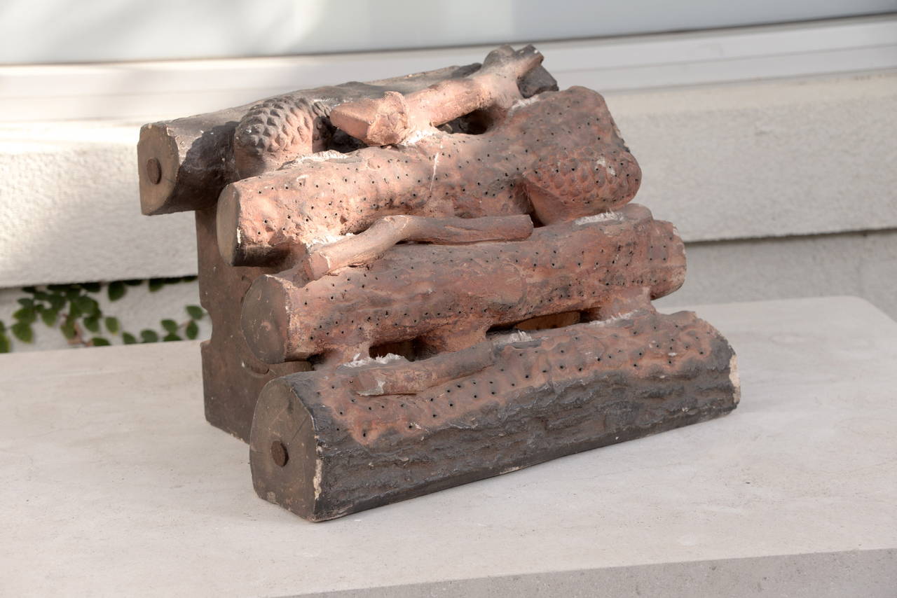 C.1930's French Terra Cotta Log & Core Fireplace Set, Carvings of Log & Pine Cones