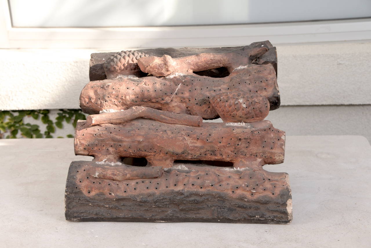 French Terracotta Log and Core Fireplace Set, circa 1930s In Good Condition In Dallas, TX