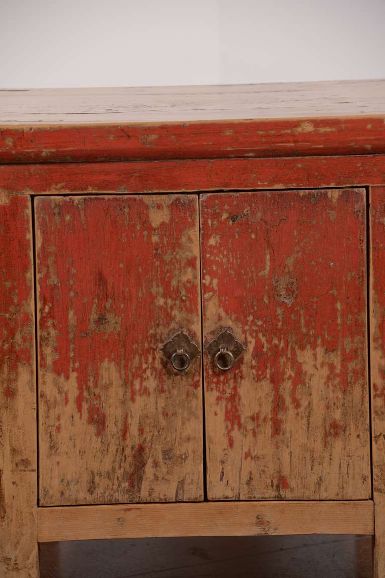 Antique two-door end table cabinet in original paint patina, two available.