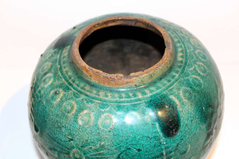 Antique Chinese Terra Cotta Green Glazed Oil Jar 1