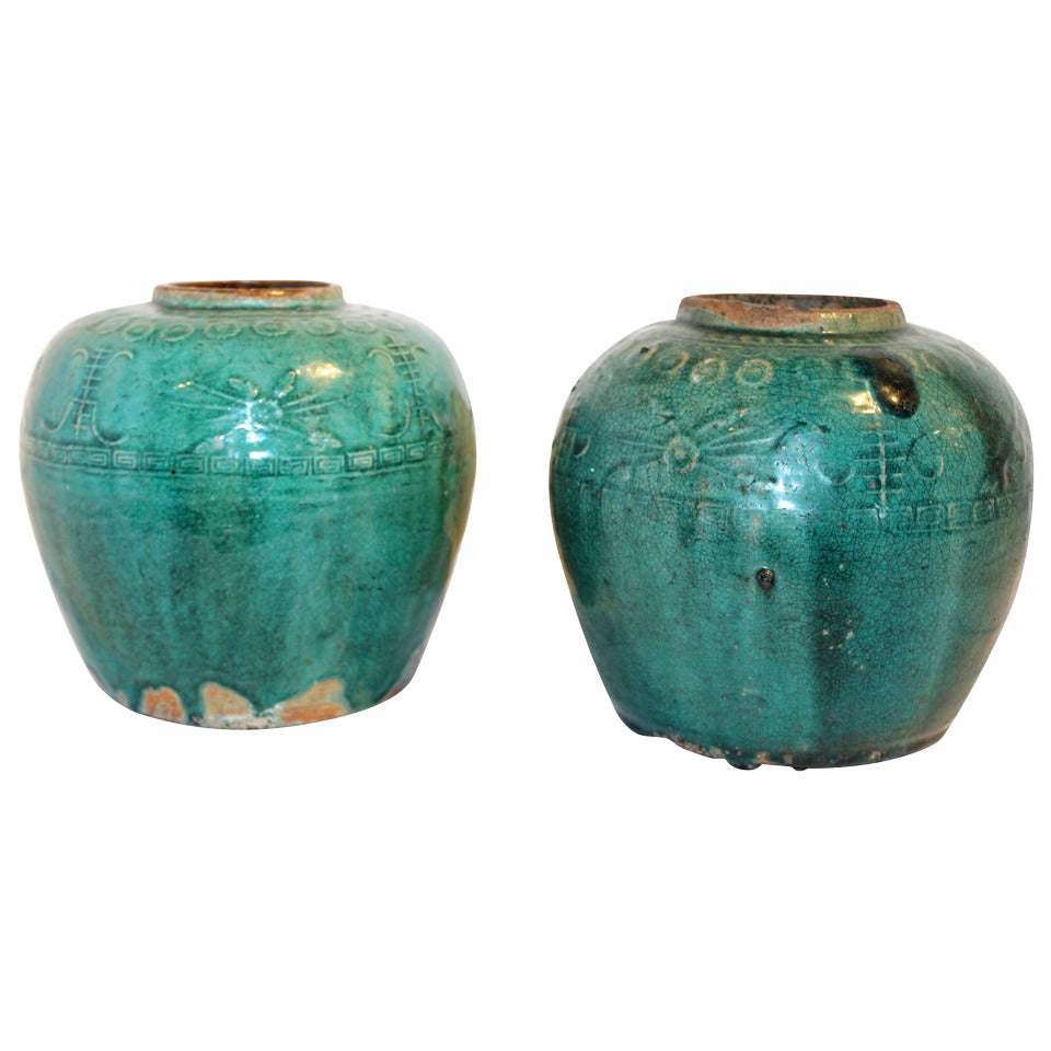 Antique Chinese Terra Cotta Green Glazed Oil Jar