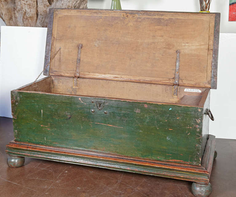 Wabi Sabi Green Trunk on Stand with Original Patina In Excellent Condition In Dallas, TX