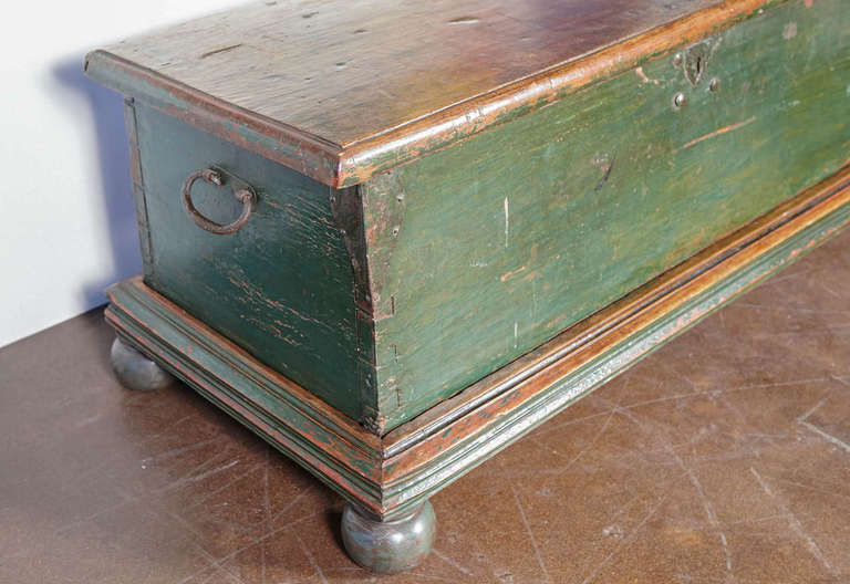 19th Century Wabi Sabi Green Trunk on Stand with Original Patina