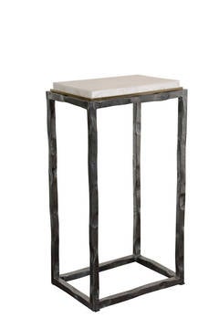 Inlaid Crystal Stone End Table with Brass Accent on Polished Hammered Steel Base