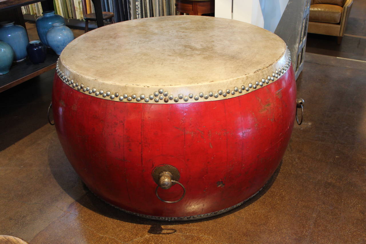 Chinese Large Antique Elm and Leather Ceremonial Drum as Center Table or add a glass top and can be used at dining table.