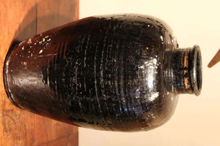 Antique Asian Ebony Glaze Stone Ware Jar 1
