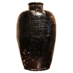 Antique Asian Ebony Glaze Stone Ware Jar