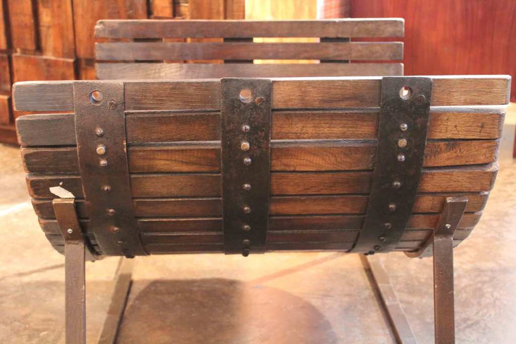 Wood Repurposed French Grape Press as Log Bin
