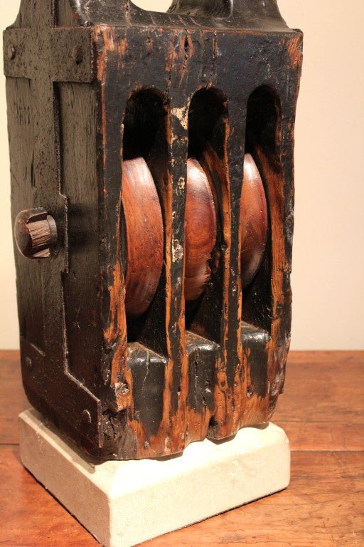 Antique French Pulley Block On Limestone Base