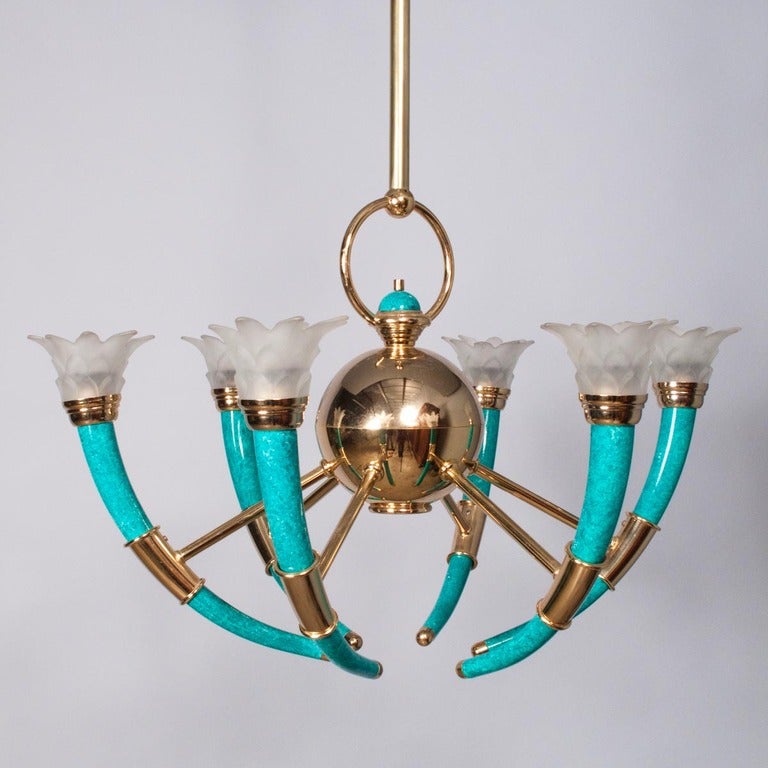 A very original Light Fixture from the sixties made of green enamel and brass with tulip glass.  This French Chandelier has 6 lights.