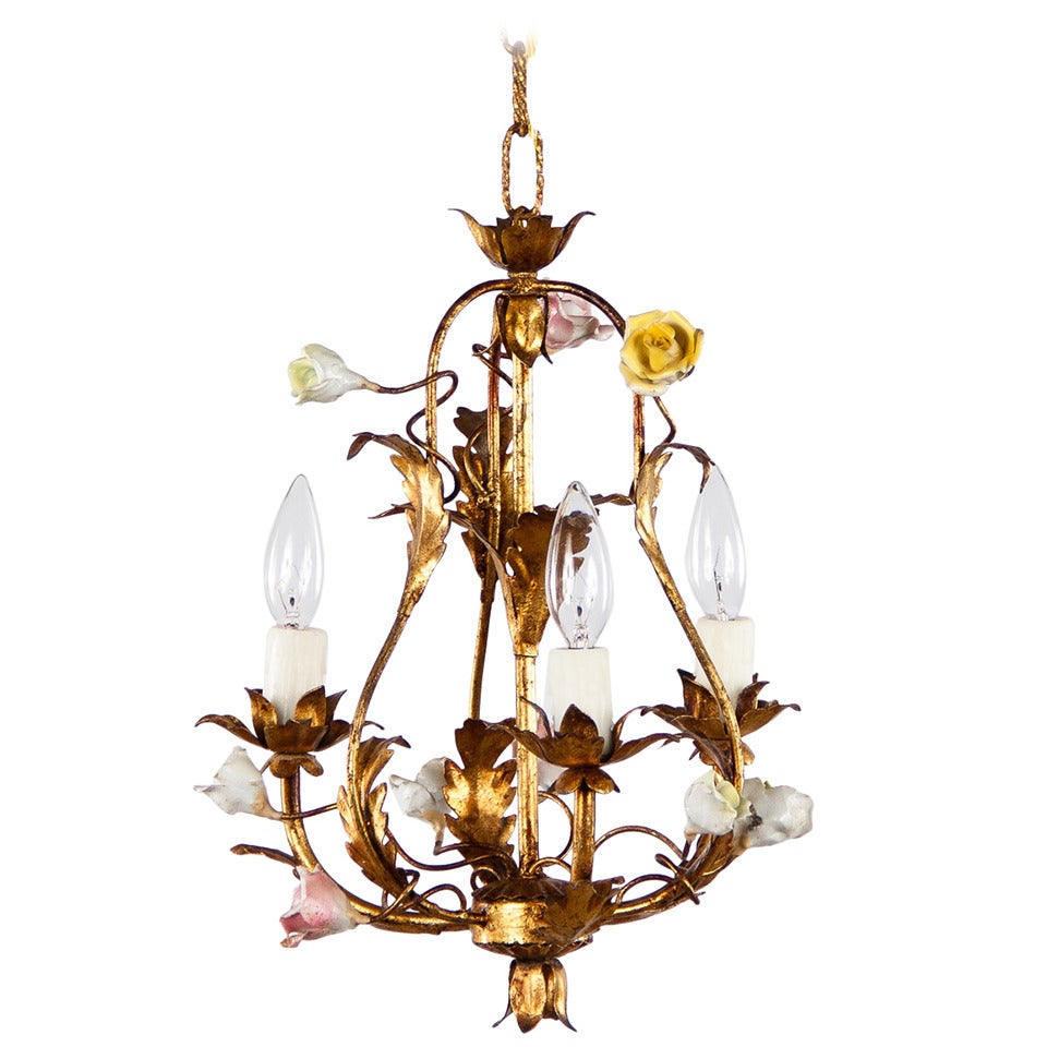 1920's French Tole Chandelier with Porcelain Flowers