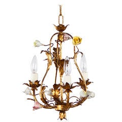 1920's French Tole Chandelier with Porcelain Flowers