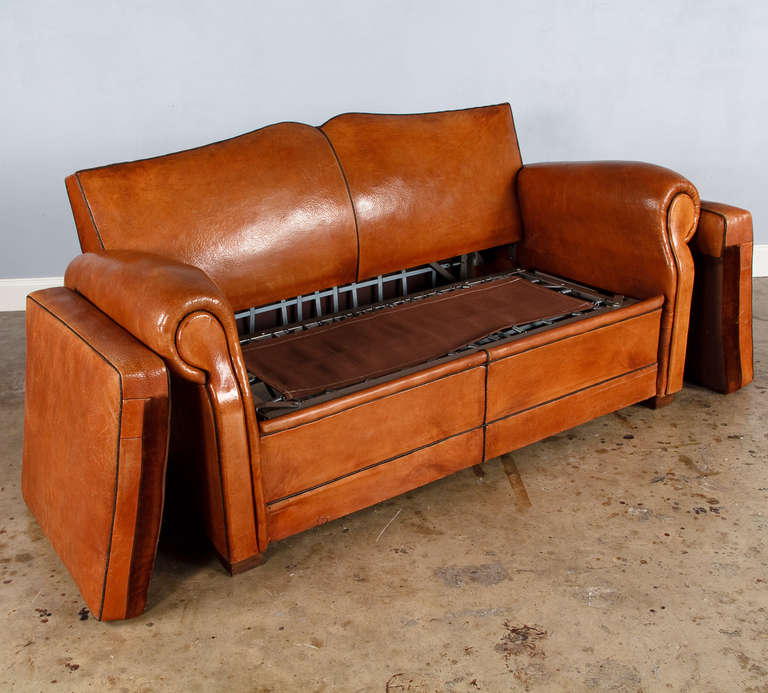 French Art Deco Leather Club Sofa, 1930s 1