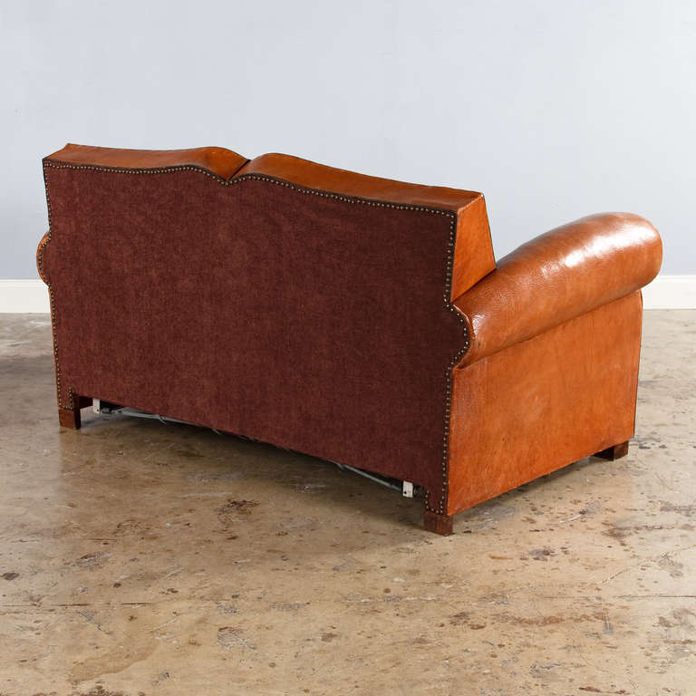 Mid-20th Century French Art Deco Leather Club Sofa, 1930s