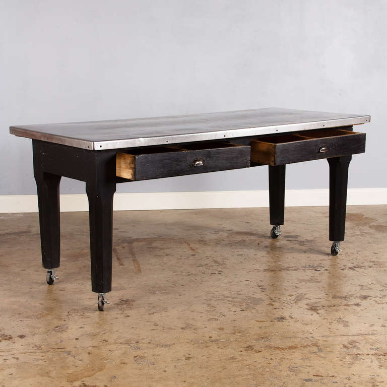 Painted French Restaurant Table with Stainless Steel Top, 1920s