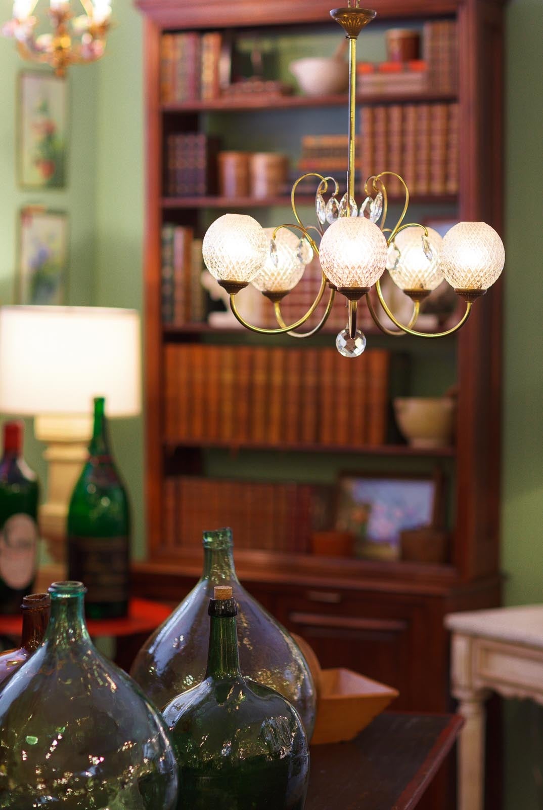 Mid-Century Modern Vintage French Brass Chandelier with Glass Globes