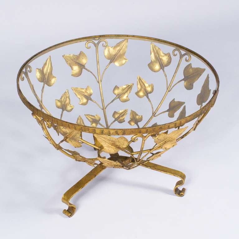 1940s French Coffee Table with Gilded Tole Leaf Motifs In Good Condition In Austin, TX