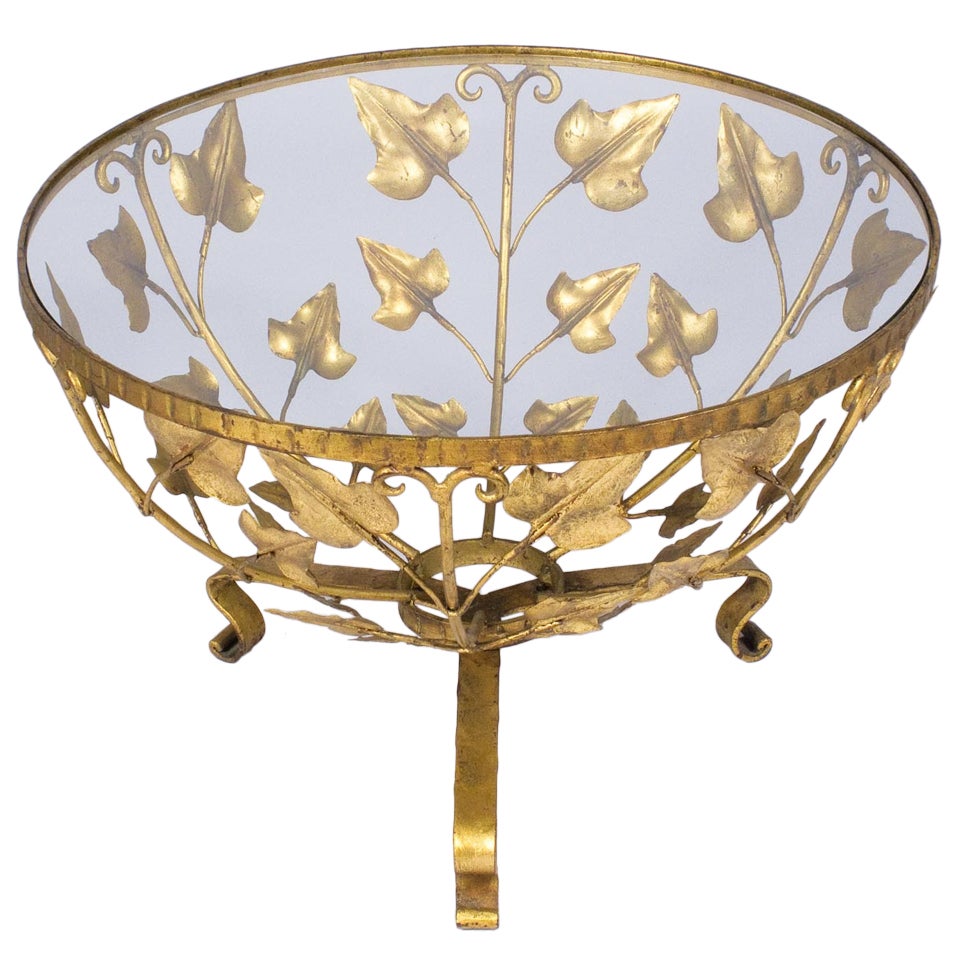 1940s French Coffee Table with Gilded Tole Leaf Motifs
