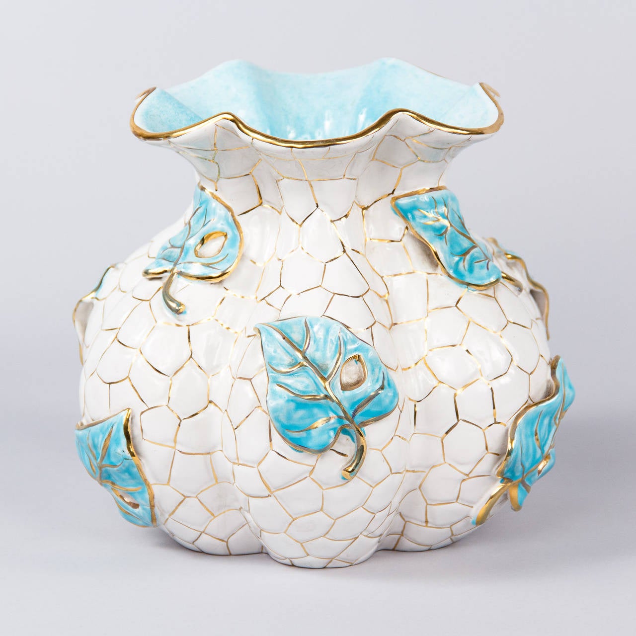 1950s Italian White and Aqua Blue Ceramic Vase by Deruta 1