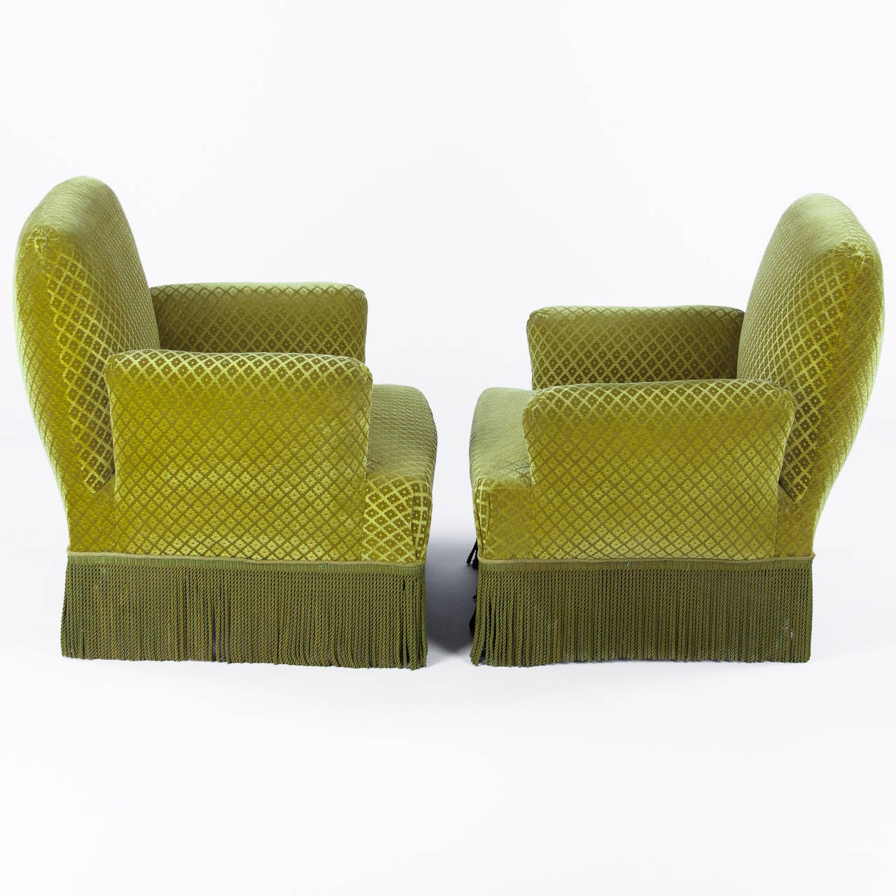 French Pair of Napoleon III Style Green Upholstered Armchairs, 1940s