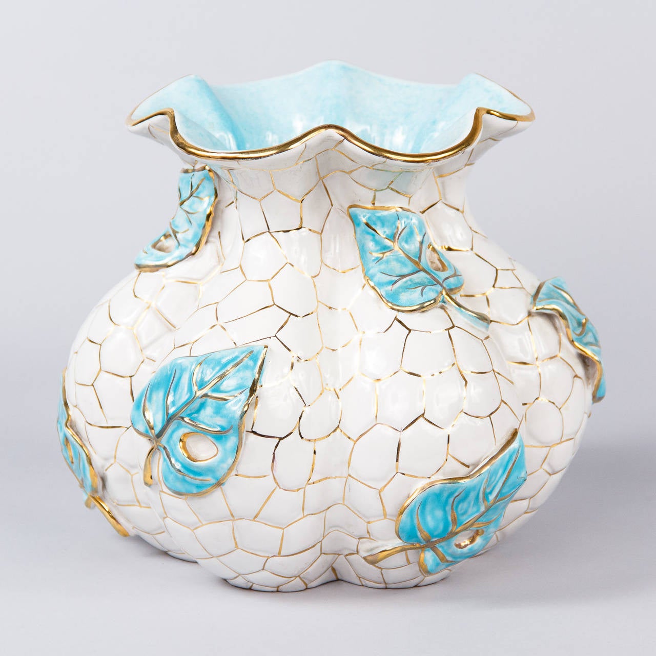Mid-Century Modern 1950s Italian White and Aqua Blue Ceramic Vase by Deruta