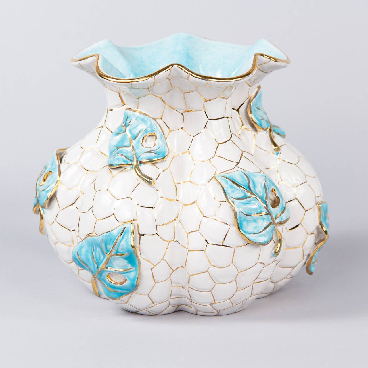 20th Century 1950s Italian White and Aqua Blue Ceramic Vase by Deruta