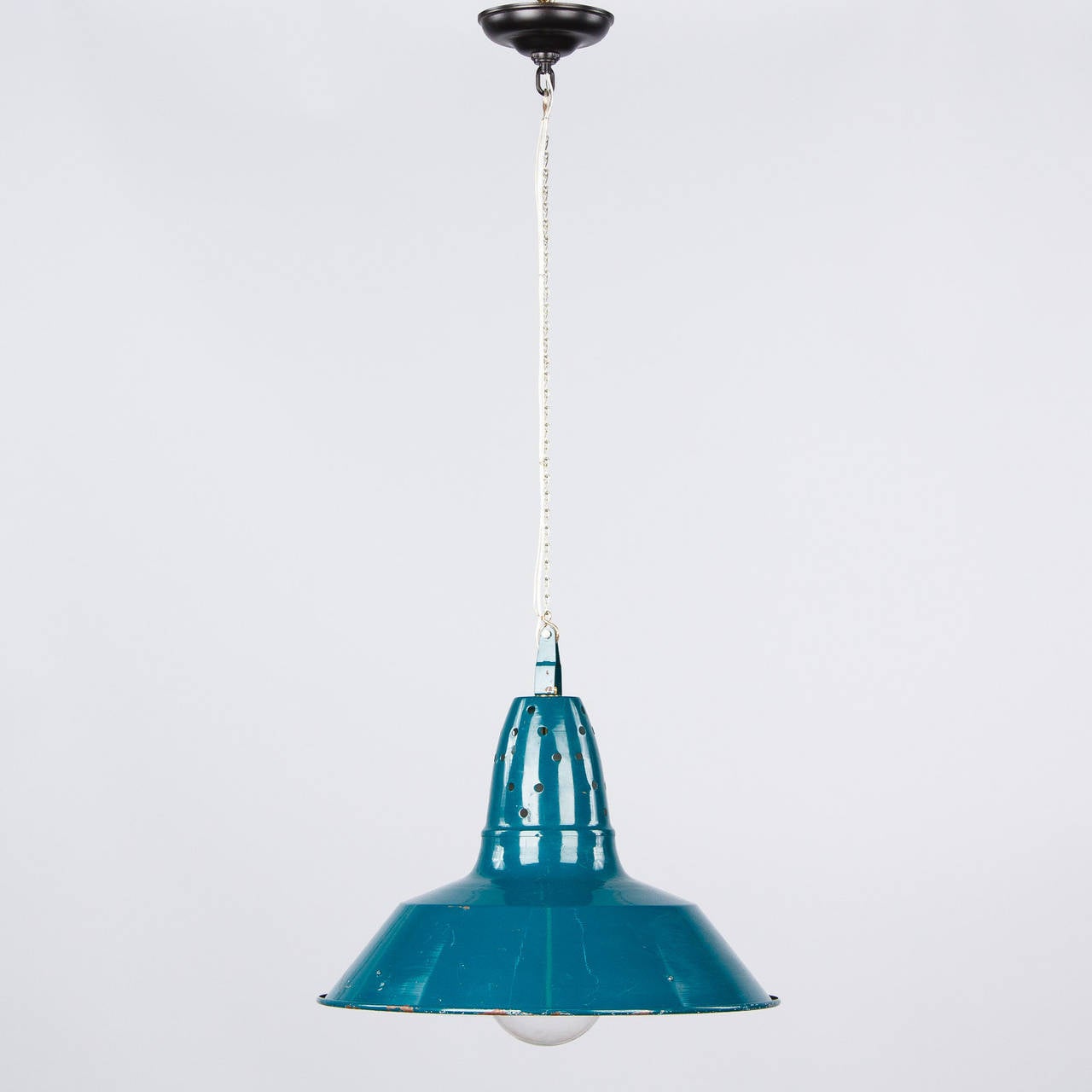 A pair of 1950s French Industrial Suspension Lights in green metal. The chain and canopy add 24