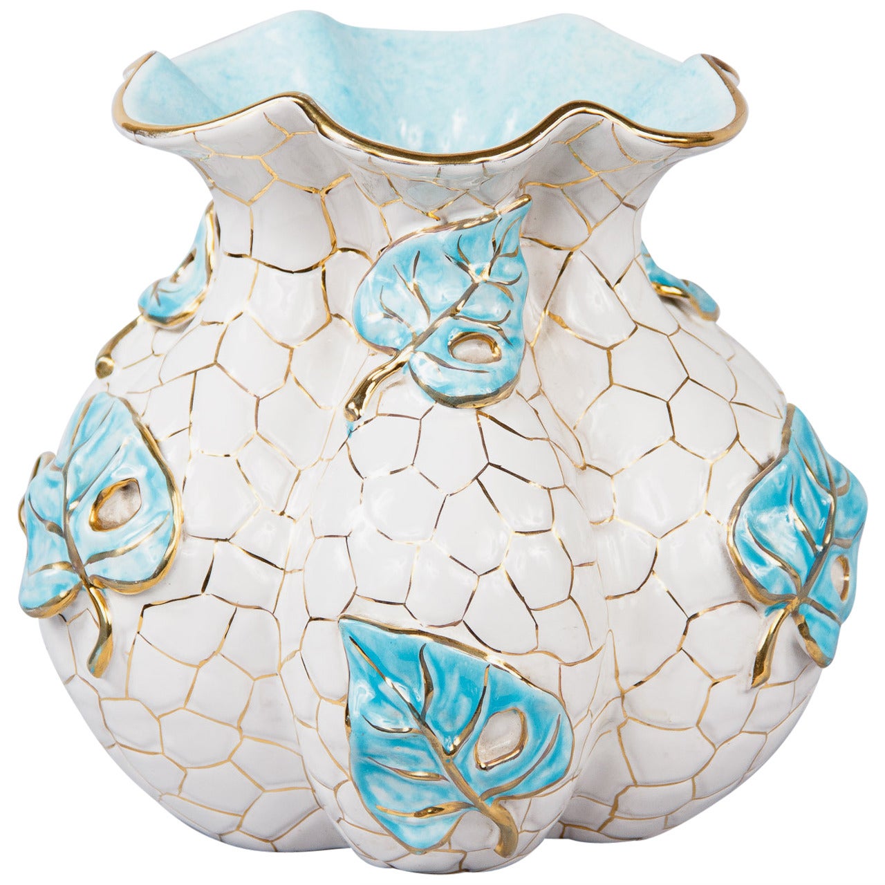 1950s Italian White and Aqua Blue Ceramic Vase by Deruta