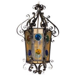 Antique Napoleon III Stained Glass 
Iron Lantern