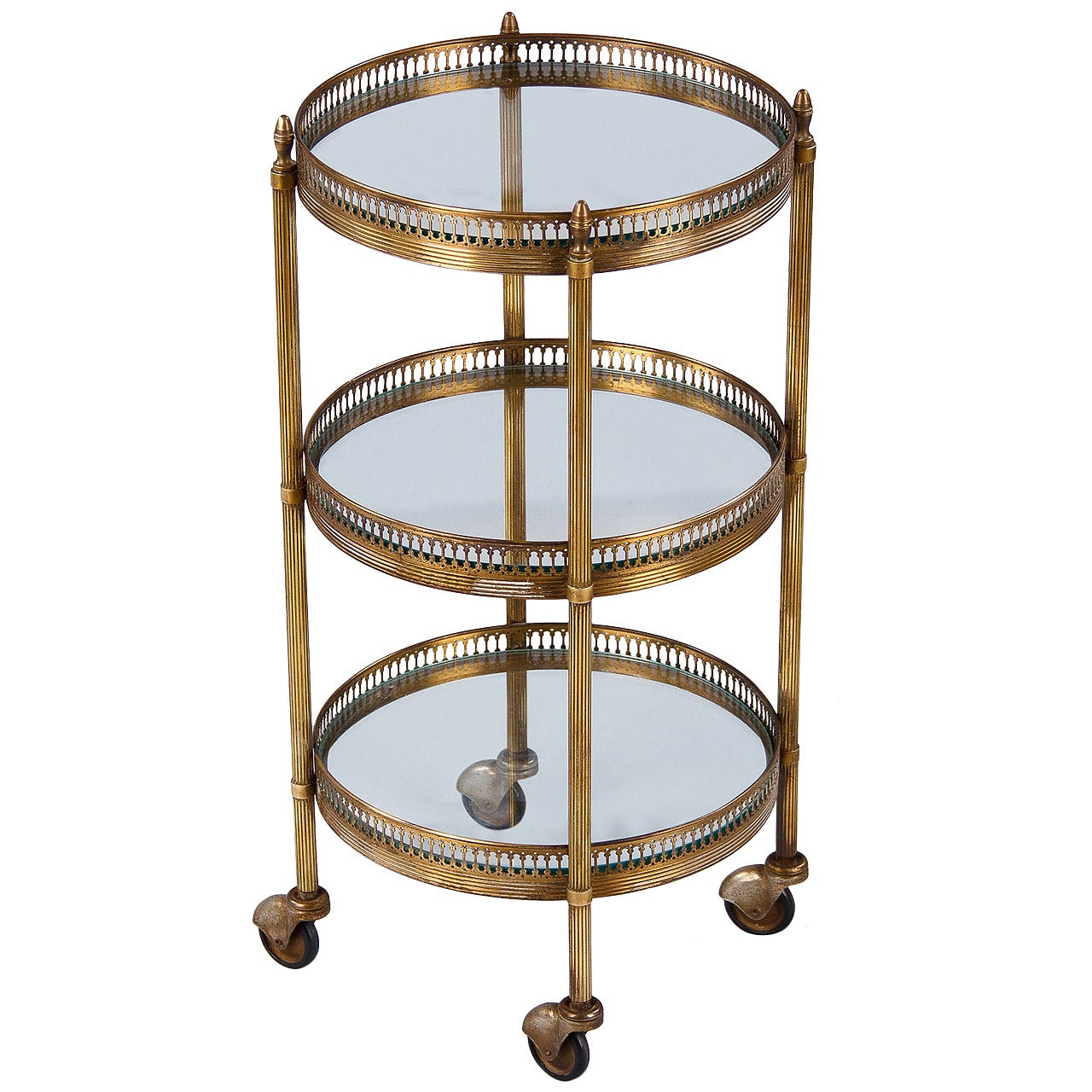 French Mid-Century Round Brass Three-Tier Bar Cart or Side Table