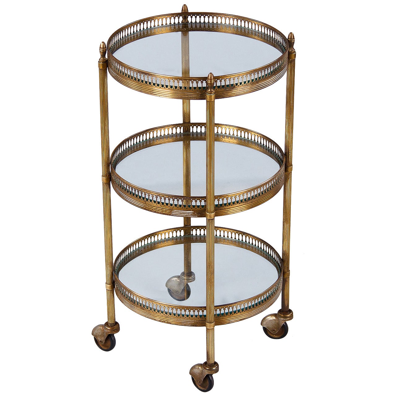 French Mid-Century Round Brass Three-Tier Bar Cart or Side Table