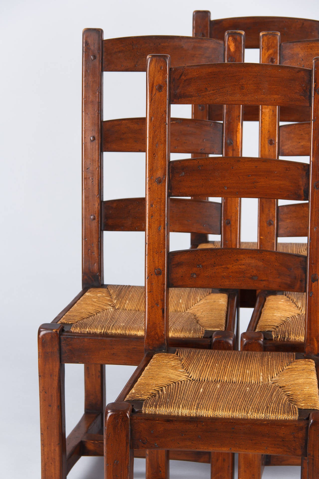 Mid-20th Century Set of Four Country French Oak Chairs with Rush Seats, 1940s