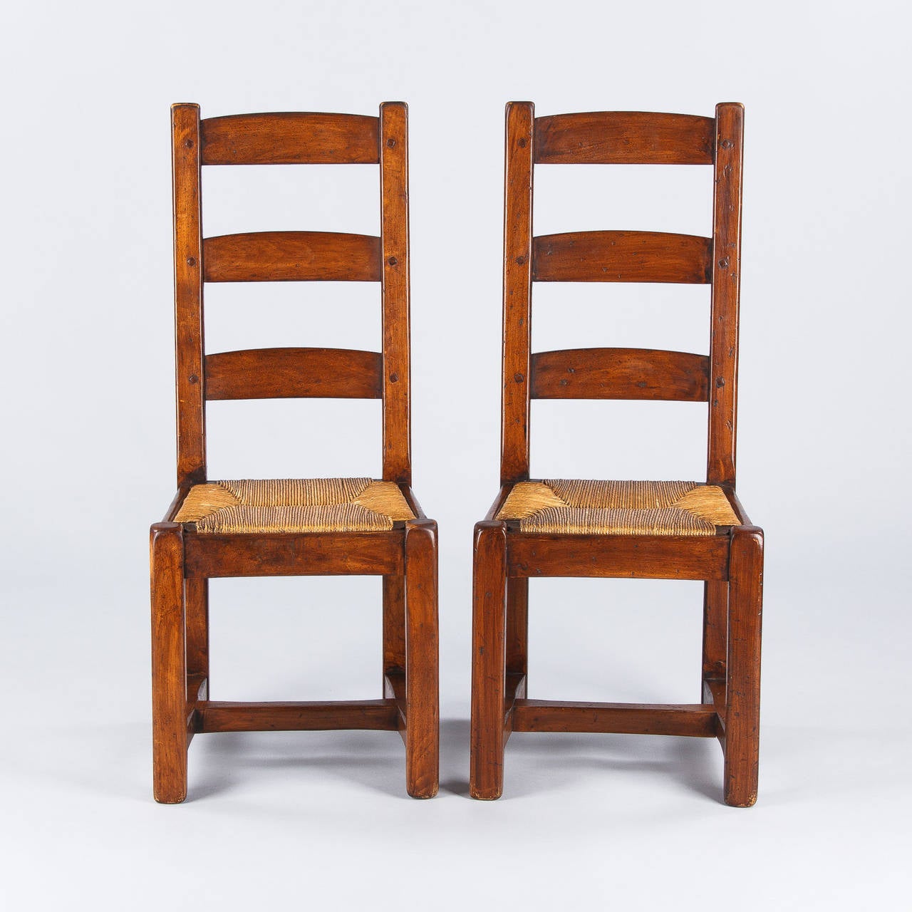 Set of Four Country French Oak Chairs with Rush Seats, 1940s 1