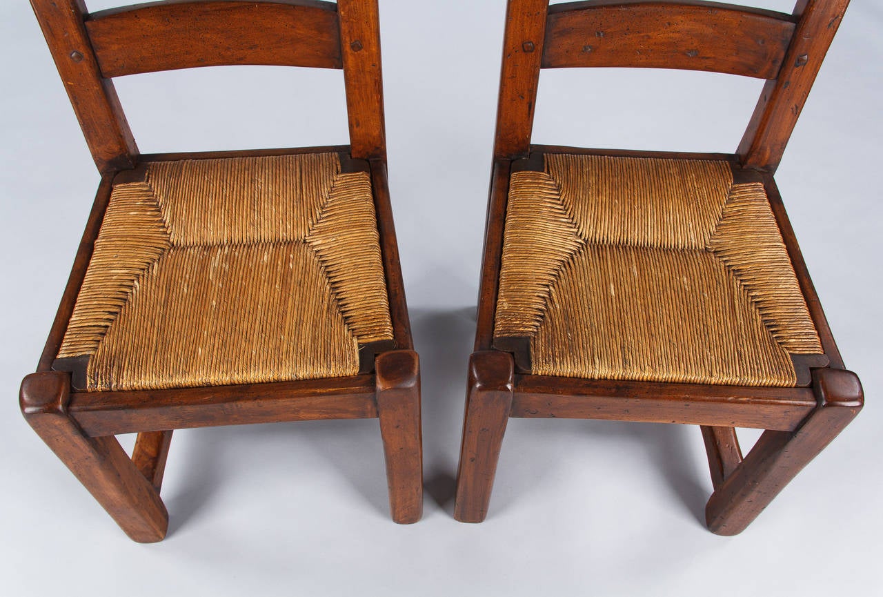 Set of Four Country French Oak Chairs with Rush Seats, 1940s 5