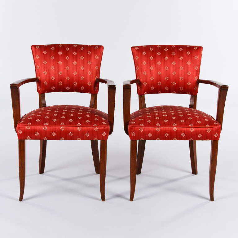 Fabric Pair of Red French Art Deco Bridge Armchairs, circa 1930s