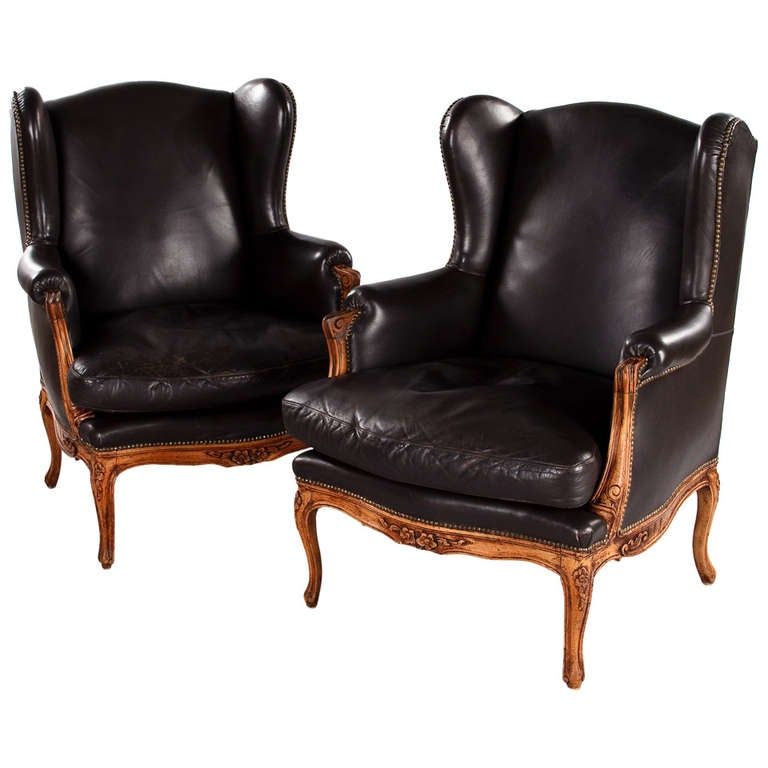 Pair of Large Italian Leather Bergere Armchairs at 1stdibs