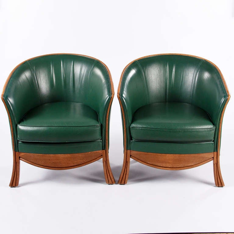 Art Deco Set of Four Green Leather Armchairs by Rosello